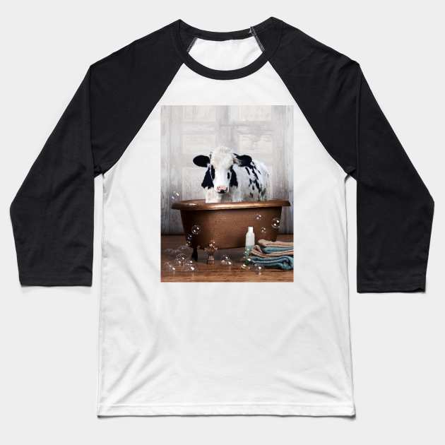 Cow in the Bathtub Baseball T-Shirt by DomoINK